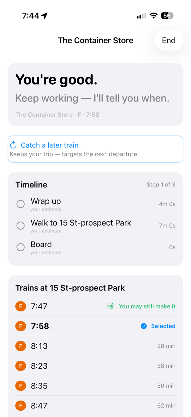 Leaveby showing the exact minute to leave for the F train